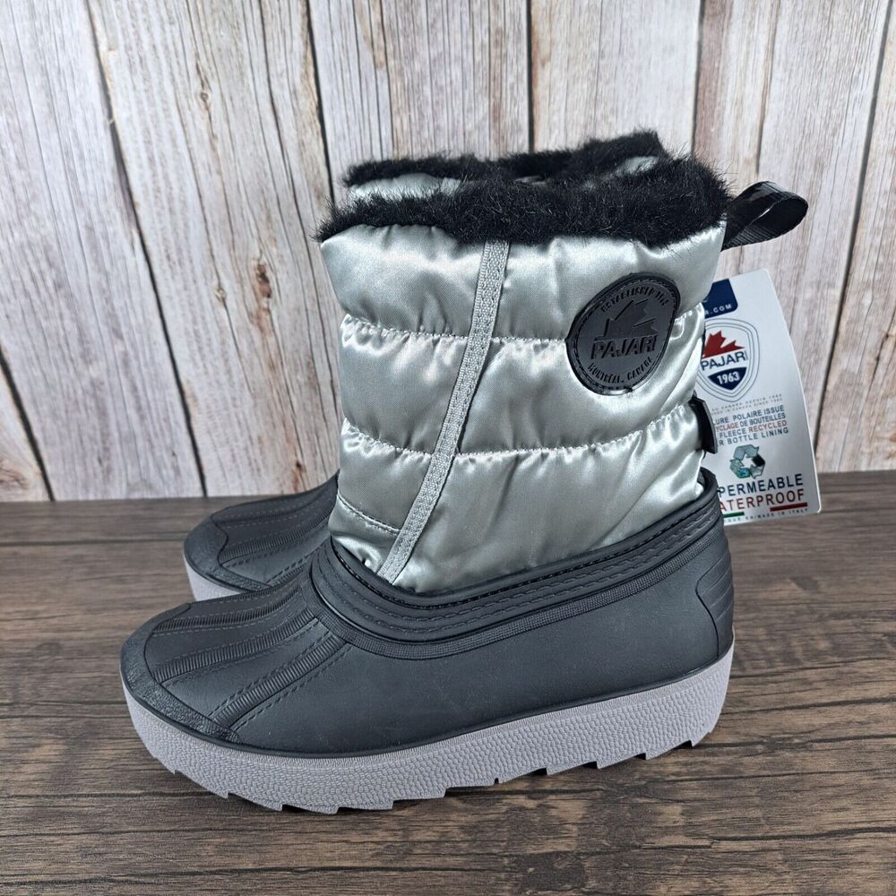 Pajar Canada Spacey Women's Waterproof Winter Duck Boot Faux Fur Silver Black